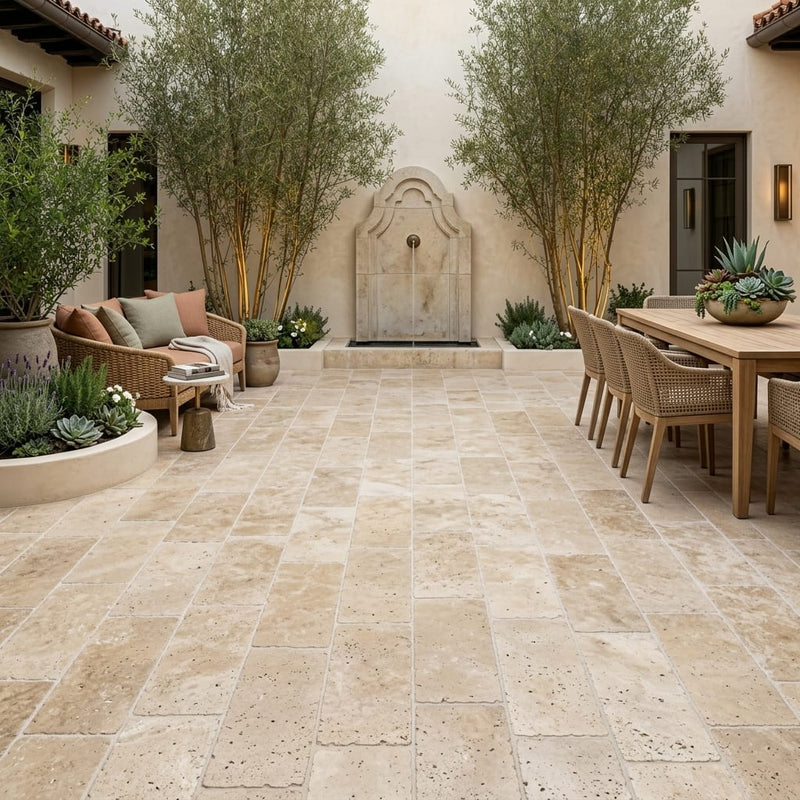 Walnut Travertine Paver 12x24 Tumbled 1.25 inch — Courtyard paving