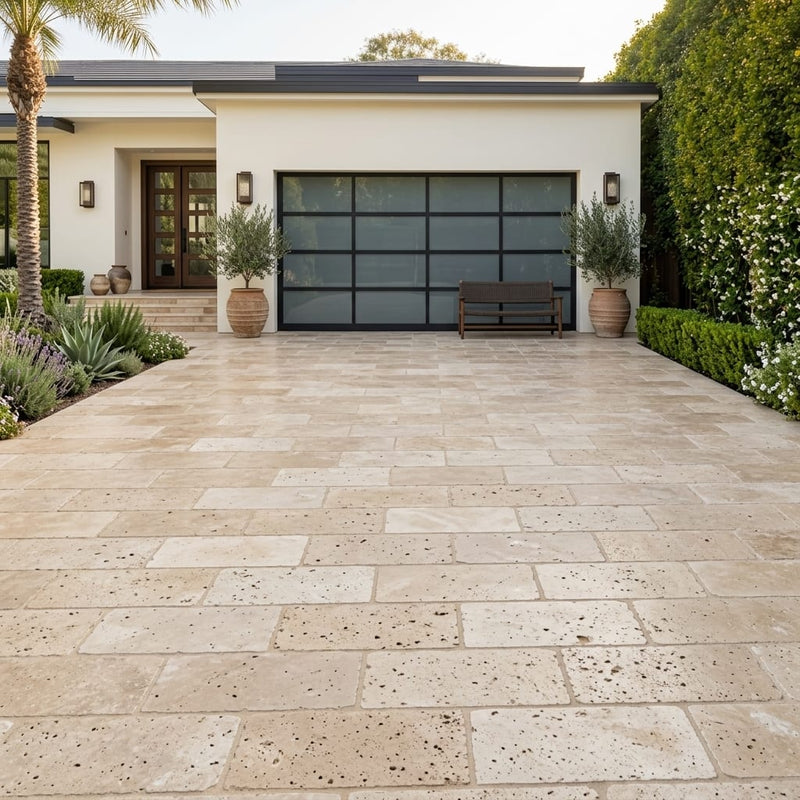 Walnut Travertine Paver 12x24 Tumbled 1.25 inch — Front Yard driveway
