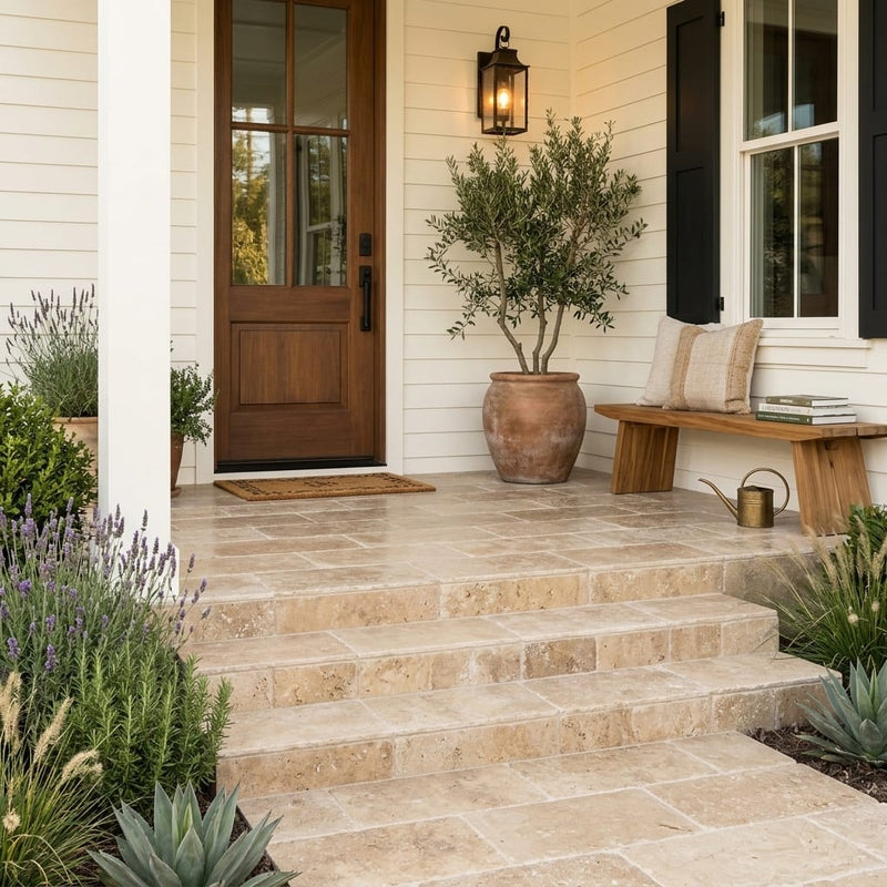 Walnut Travertine Paver 12x24 Tumbled 1.25 inch — Front Yard front porch