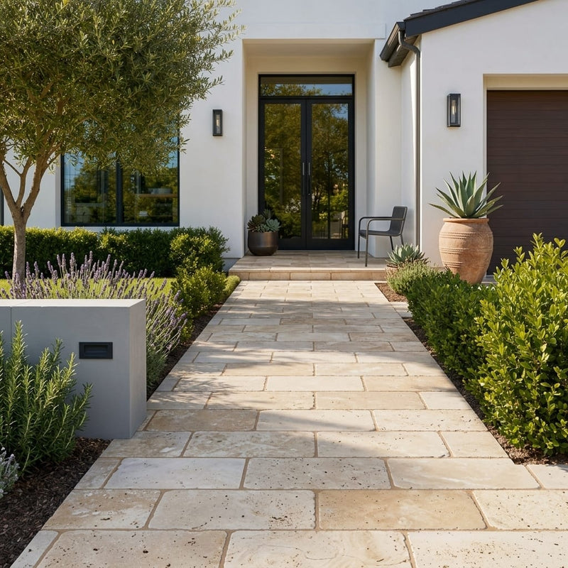 Walnut Travertine Paver 12x24 Tumbled 1.25 inch — Front Yard walkway