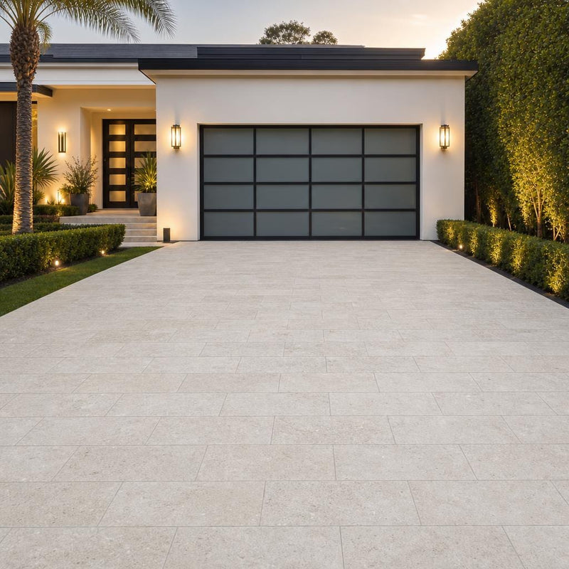 Walnut Travertine Paver 12x24 Unfilled, Honed 2 inch — Front Yard driveway