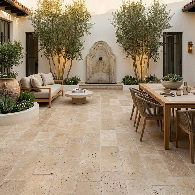 Walnut Travertine Paver 12x24 Unfilled, Honed — Courtyard paving