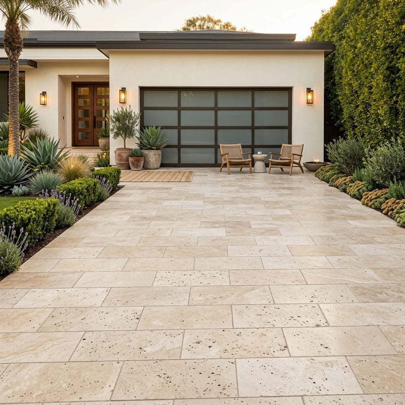 Walnut Travertine Paver 12x24 Unfilled, Honed — Front Yard driveway