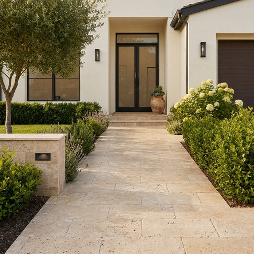 Walnut Travertine Paver 12x24 Unfilled, Honed — Front Yard walkway