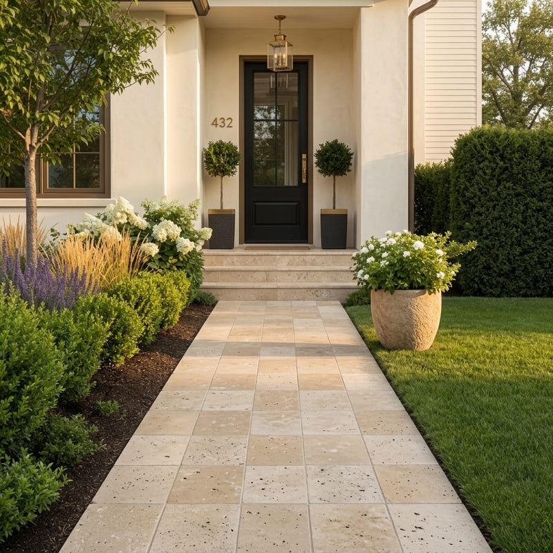 Walnut Travertine Paver 14x14 Brushed 5 cm — Front Yard walkway