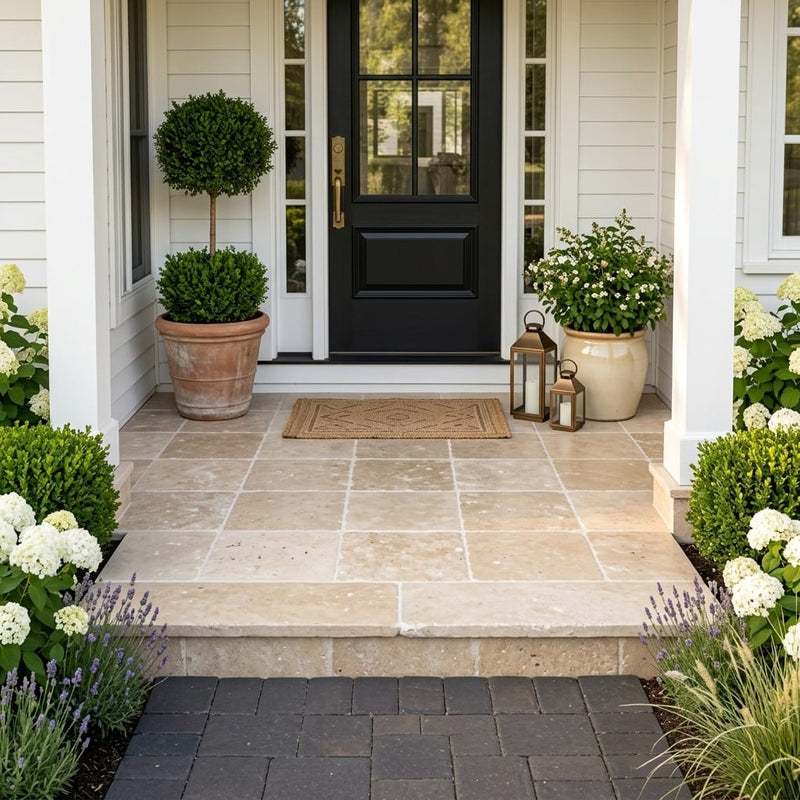 Walnut Travertine Paver 14x14 Tumbled 5 cm — Front Yard front porch