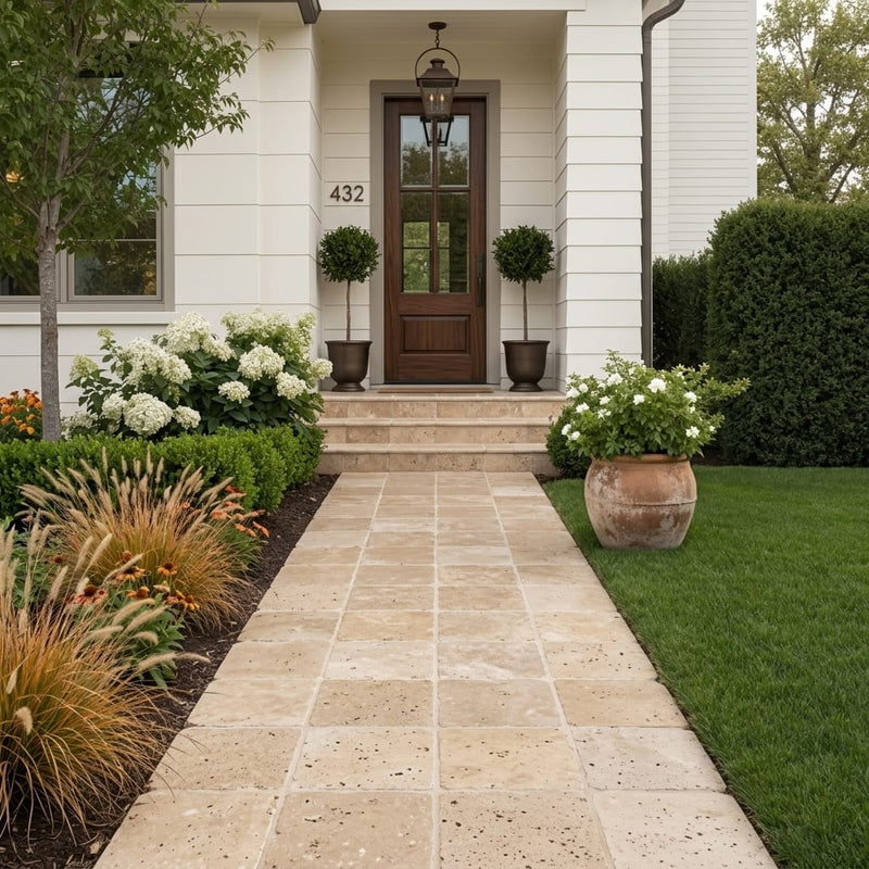 Walnut Travertine Paver 14x14 Tumbled 5 cm — Front Yard walkway