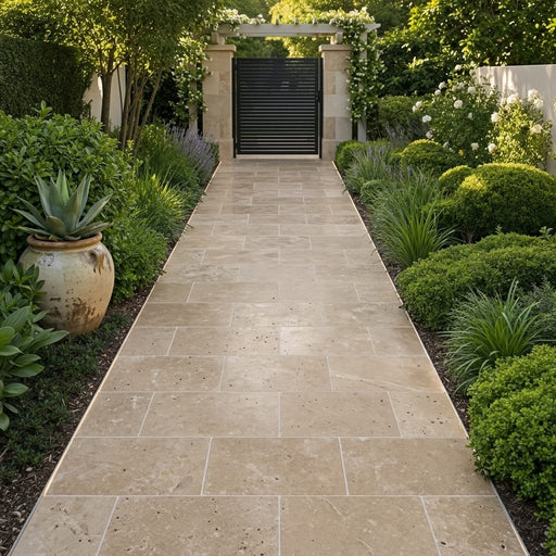 Walnut Travertine Paver - Unfilled, Honed, 1.25 inch, 16x24 — Garden path