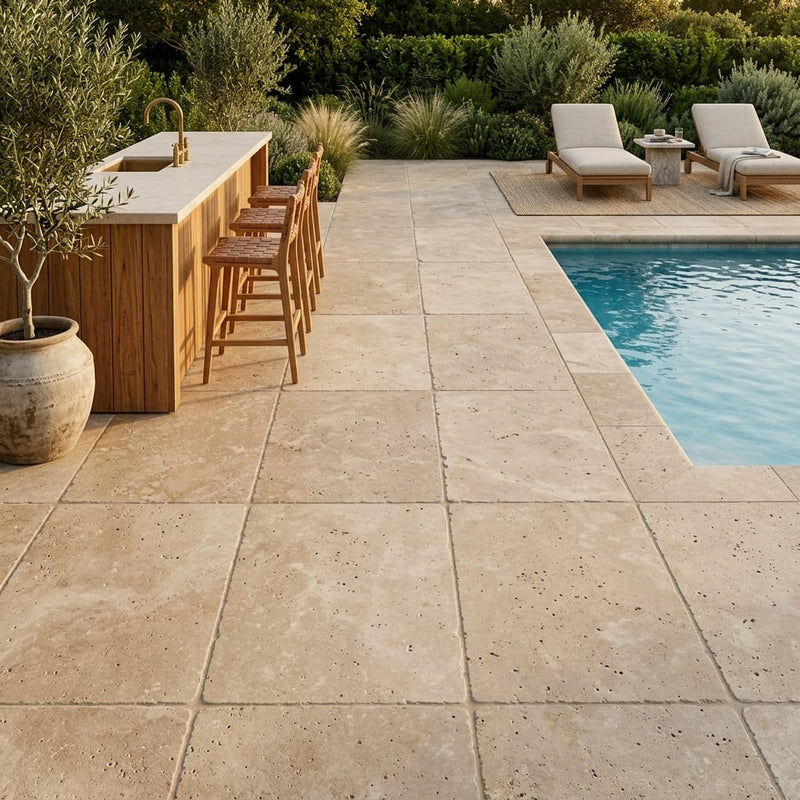 Walnut Travertine Paver 24x36 Tumbled 1.25 inch — Backyard pool deck