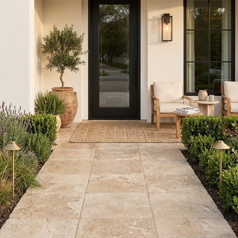 Walnut Travertine Paver 24x36 Tumbled 1.25 inch — Front Yard front porch