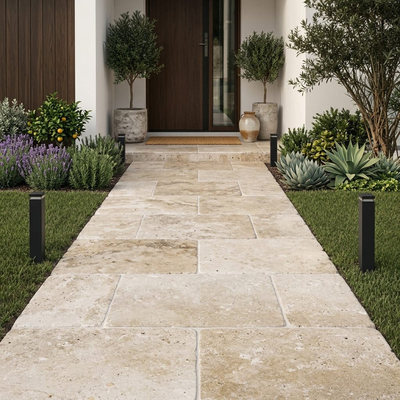 Walnut Travertine Paver 24x36 Tumbled 1.25 inch — Front Yard walkway