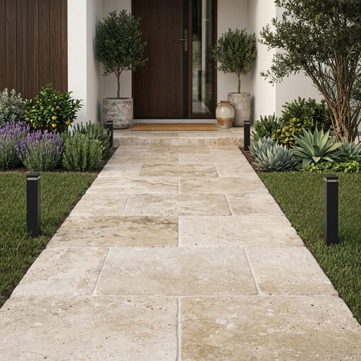 Walnut Travertine Paver 24x36 Tumbled 1.25 inch — Front Yard walkway