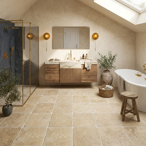Walnut Travertine Tile 12x12 Tumbled — Bathroom floor