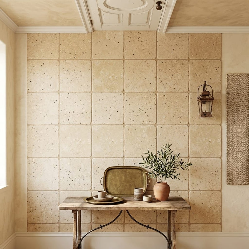 Walnut Travertine Tile 12x12 Tumbled — Hallway floor