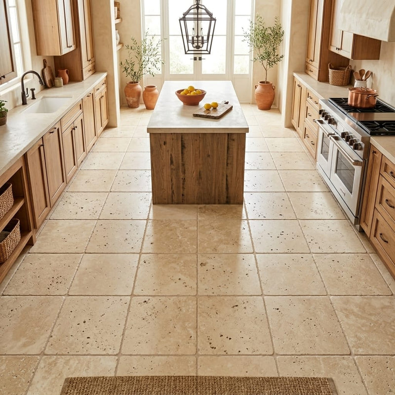 Walnut Travertine Tile 12x12 Tumbled — Kitchen floor
