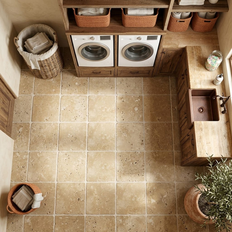 Walnut Travertine Tile 12x12 Tumbled — Laundry Room floor
