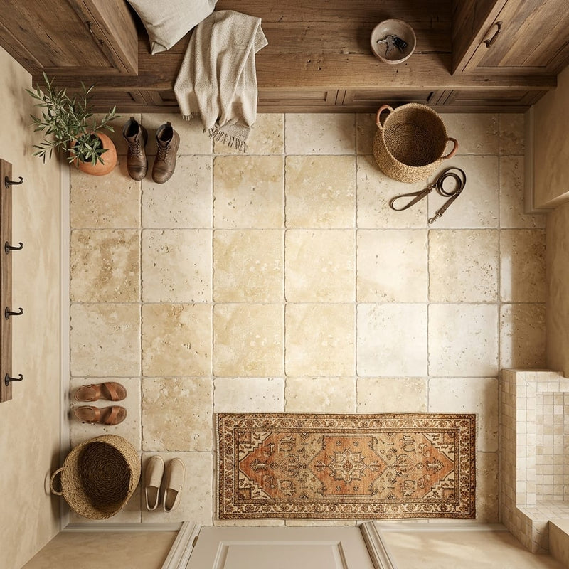 Walnut Travertine Tile 12x12 Tumbled — Mudroom floor