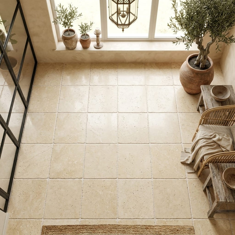 Walnut Travertine Tile 12x12 Tumbled — Sunroom floor