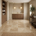 Walnut Travertine Tile 12x12 Unfilled, Honed — Basement floor