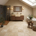 Walnut Travertine Tile 12x12 Unfilled, Honed — Bathroom floor
