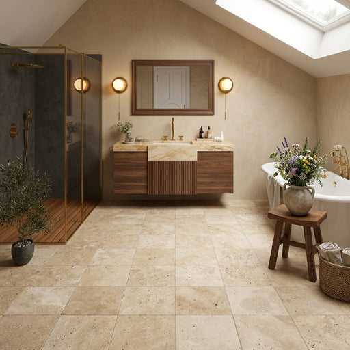 Walnut Travertine Tile 12x12 Unfilled, Honed — Bathroom floor