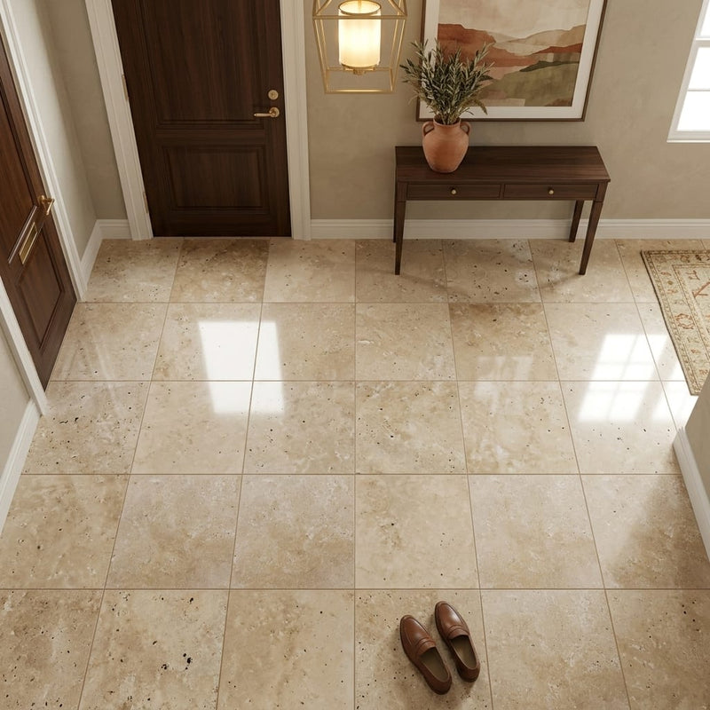 Walnut Travertine Tile 12x12 Unfilled, Honed — Foyer floor