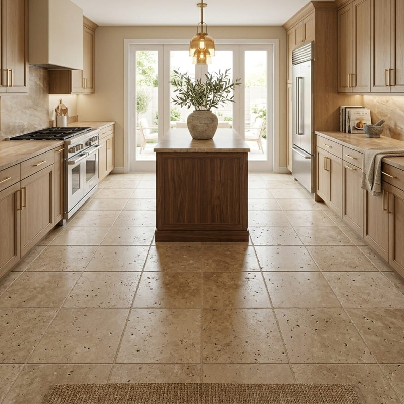 Walnut Travertine Tile 12x12 Unfilled, Honed — Kitchen floor