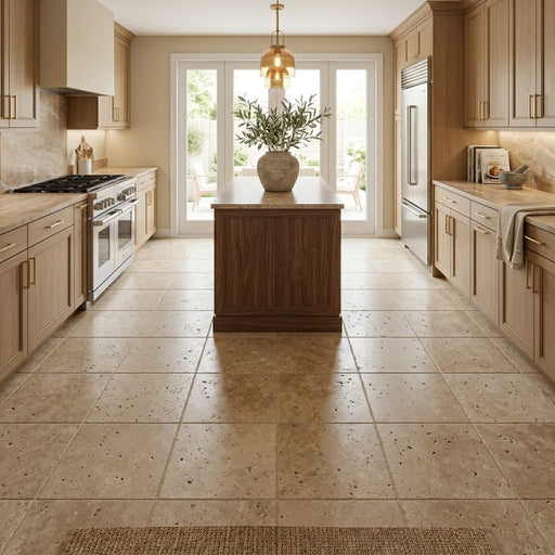 Walnut Travertine Tile 12x12 Unfilled, Honed — Kitchen floor