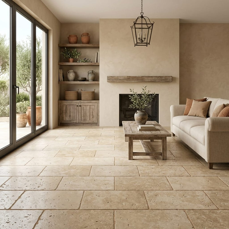 Walnut Travertine Tile 12x24 Tumbled — Living Room floor