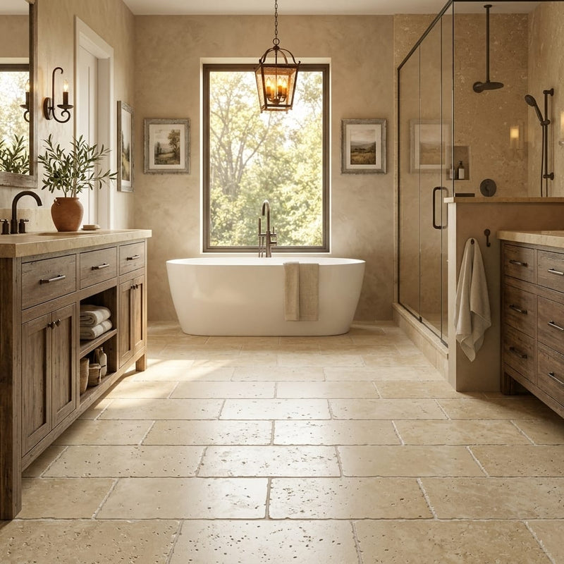 Walnut Travertine Tile 12x24 Tumbled — Primary Bath floor