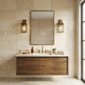 Walnut Travertine Tile 16x24 Brushed Chiseled — Bathroom vanity wall