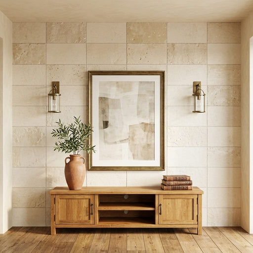 Walnut Travertine Tile 16x24 Brushed Chiseled — Living Room feature wall