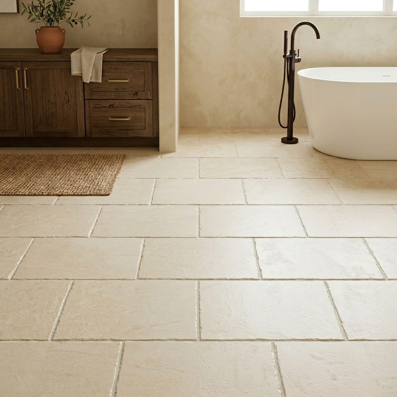 Walnut Travertine Tile 16x24 Brushed Chiseled — Primary Bath floor