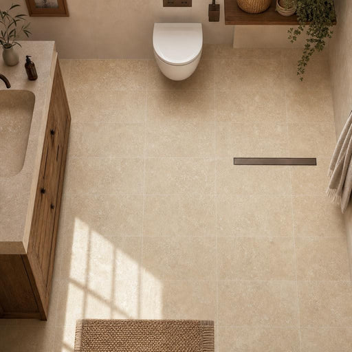 Walnut Travertine Tile 16x24 Tumbled — Bathroom floor
