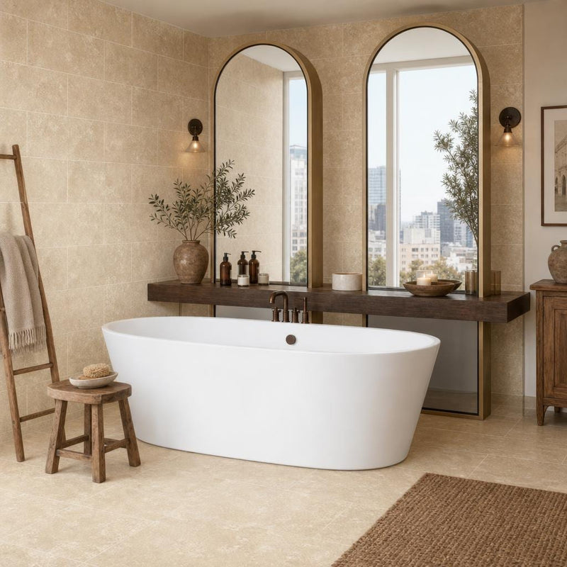 Walnut Travertine Tile 16x24 Tumbled — Bathroom shower wall