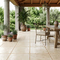 Walnut Travertine Tile 18x18 Brushed Chiseled — Covered Patio floor