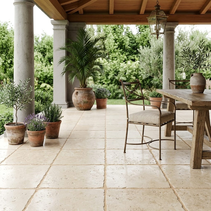 Walnut Travertine Tile 18x18 Brushed Chiseled — Covered Patio floor