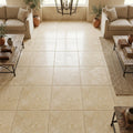 Walnut Travertine Tile 18x18 Brushed Chiseled — Family Room floor
