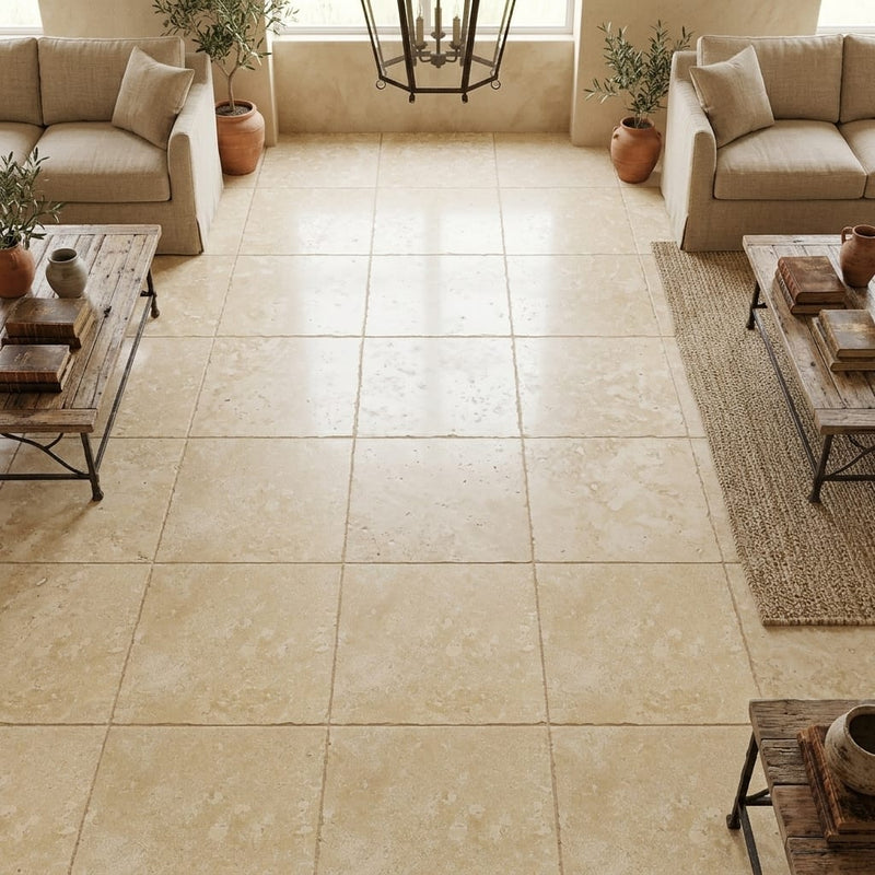 Walnut Travertine Tile 18x18 Brushed Chiseled — Family Room floor