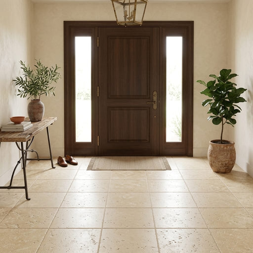 Walnut Travertine Tile 18x18 Brushed Chiseled — Foyer floor