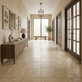 Walnut Travertine Tile 18x18 Brushed Chiseled — Hallway floor