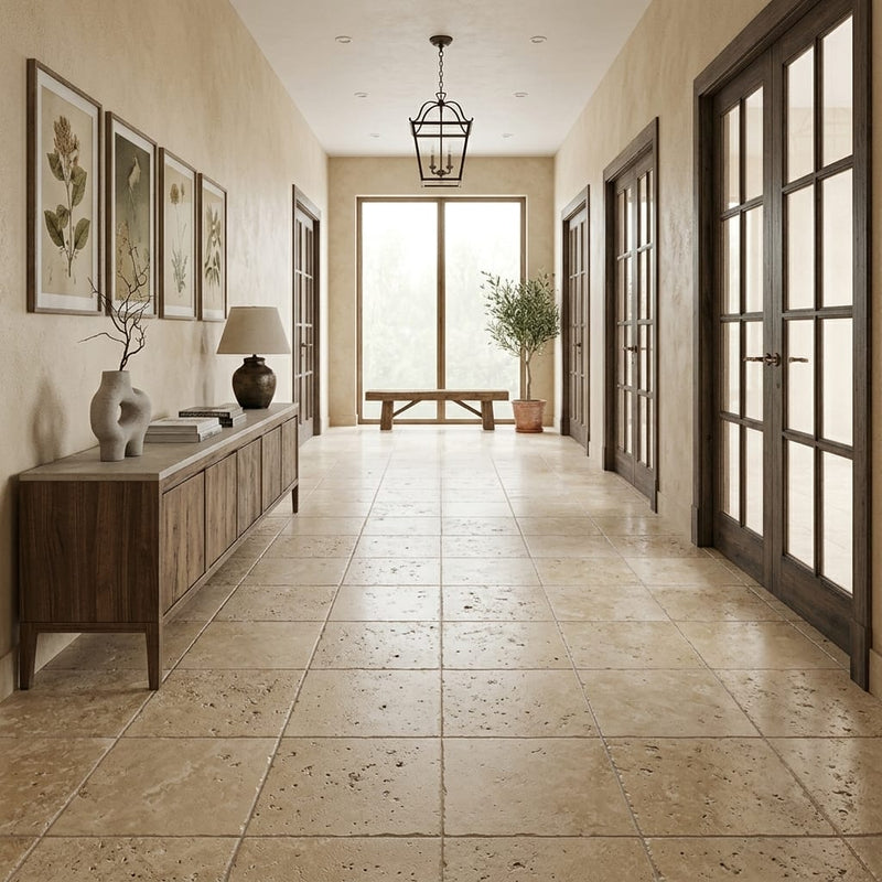 Walnut Travertine Tile 18x18 Brushed Chiseled — Hallway floor