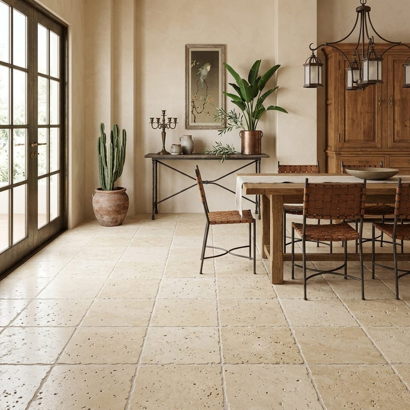 Walnut Travertine Tile 18x18 Brushed Chiseled — Living Room floor