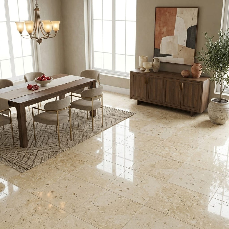 Walnut Travertine Tile 18x18 Polished — Dining Room floor