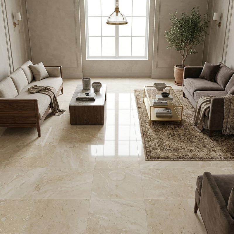 Walnut Travertine Tile 18x18 Polished — Family Room floor