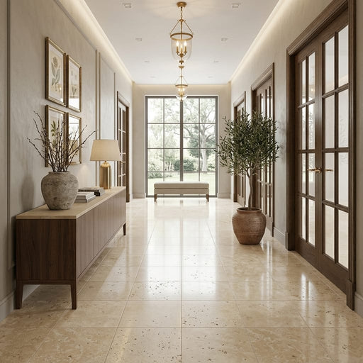 Walnut Travertine Tile 18x18 Polished — Hallway floor