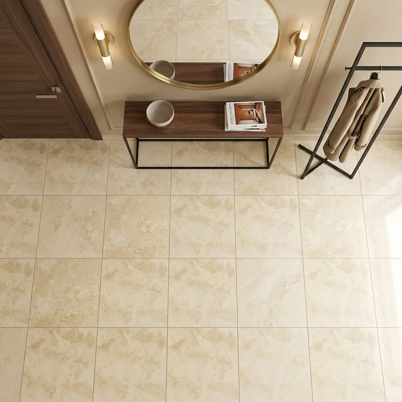 Walnut Travertine Tile 24x24 Filled, Honed — Foyer floor