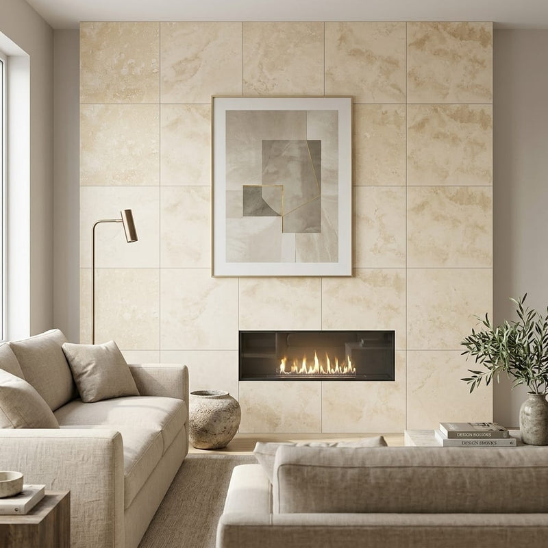 Walnut Travertine Tile 24x24 Filled, Honed — Living Room feature wall