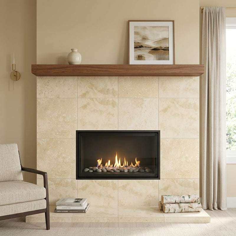 Walnut Travertine Tile 24x24 Filled, Honed — Living Room fireplace surround