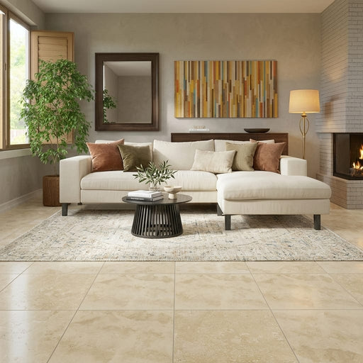 Walnut Travertine Tile 24x24 Filled, Honed — Living Room floor